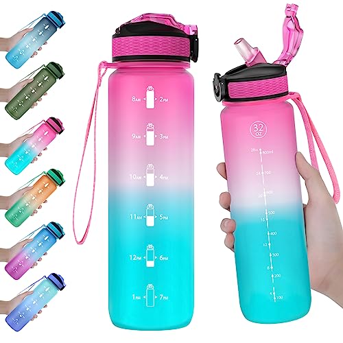 Eyq 32 Oz Water Bottle With Times Marker, Carry Strap, Leak-Proof Tritan Bpa-Free, Ensure You Drink Enough Water For Fitness, Gy